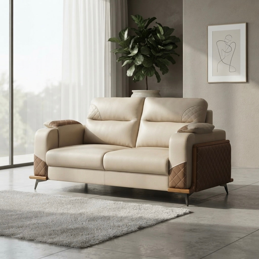 WINSLOW 3+2 SOFA SET | MAHOGANY WOOD & SUEDE FABRIC | BEIGE