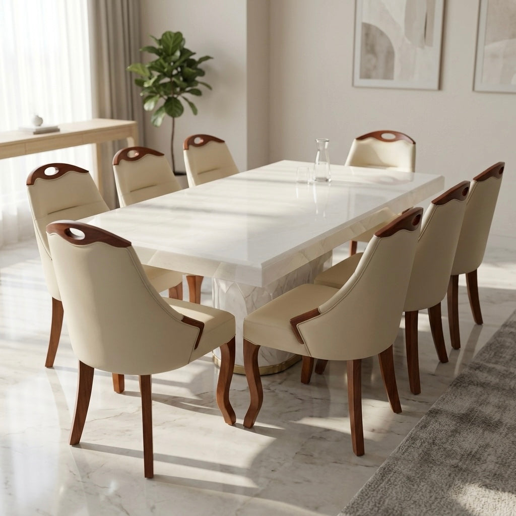 Prefix Dining Set – Imported PVD Coating Table | Mahogany & Art Leather Chairs | 6-Seater | 5-Year Warranty