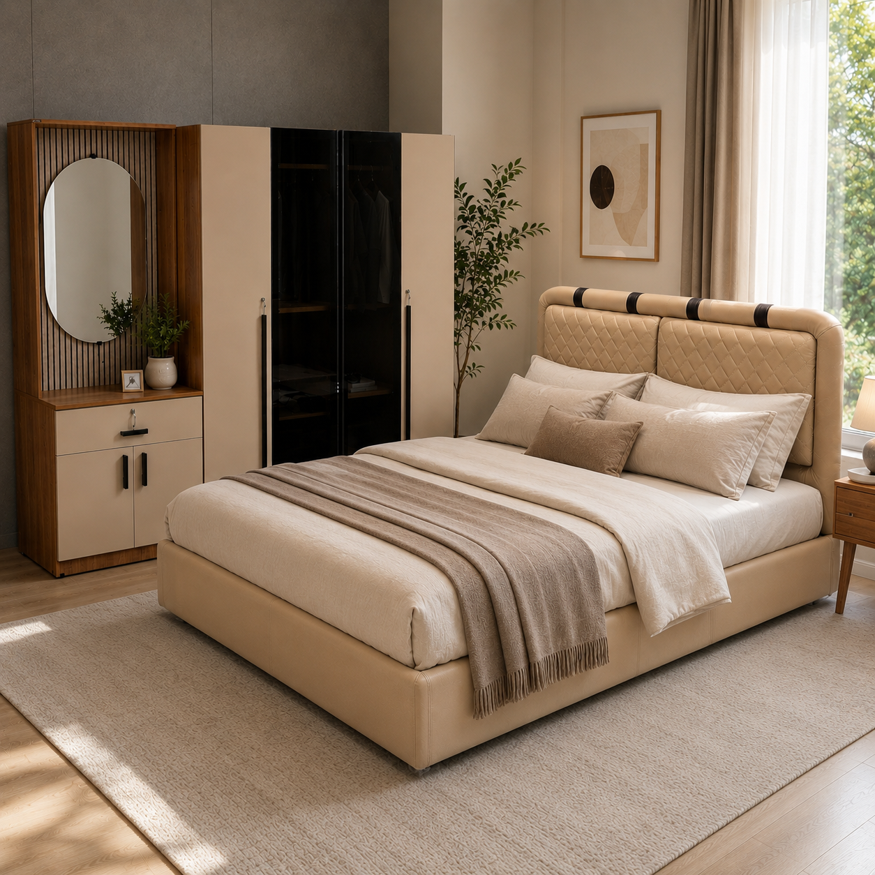 OMEGA 4-DOOR QUEEN SIZE BEDROOM SET | PARTICLE BOARD & UV BOARD DOORS | LIGHT CREAM