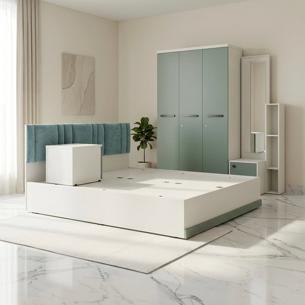 ZENITH 3-DOOR QUEEN SIZE BEDROOM SET | PARTICLE BOARD | OLIVE GREEN & WHITE