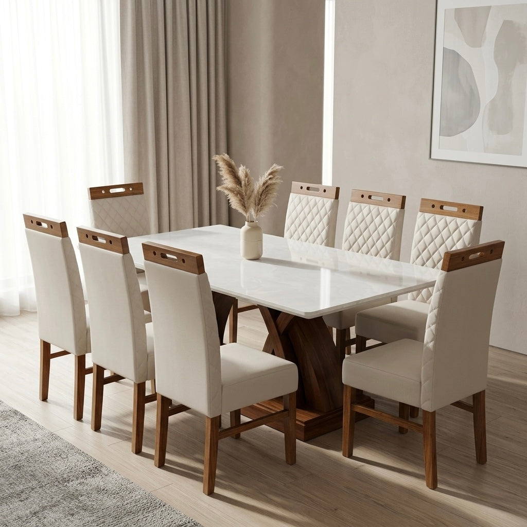 Carbo Dining Set – Ceramic Top | Treated Mahogany & Forest Acacia | Art Leather Chairs | 5-Year Warranty