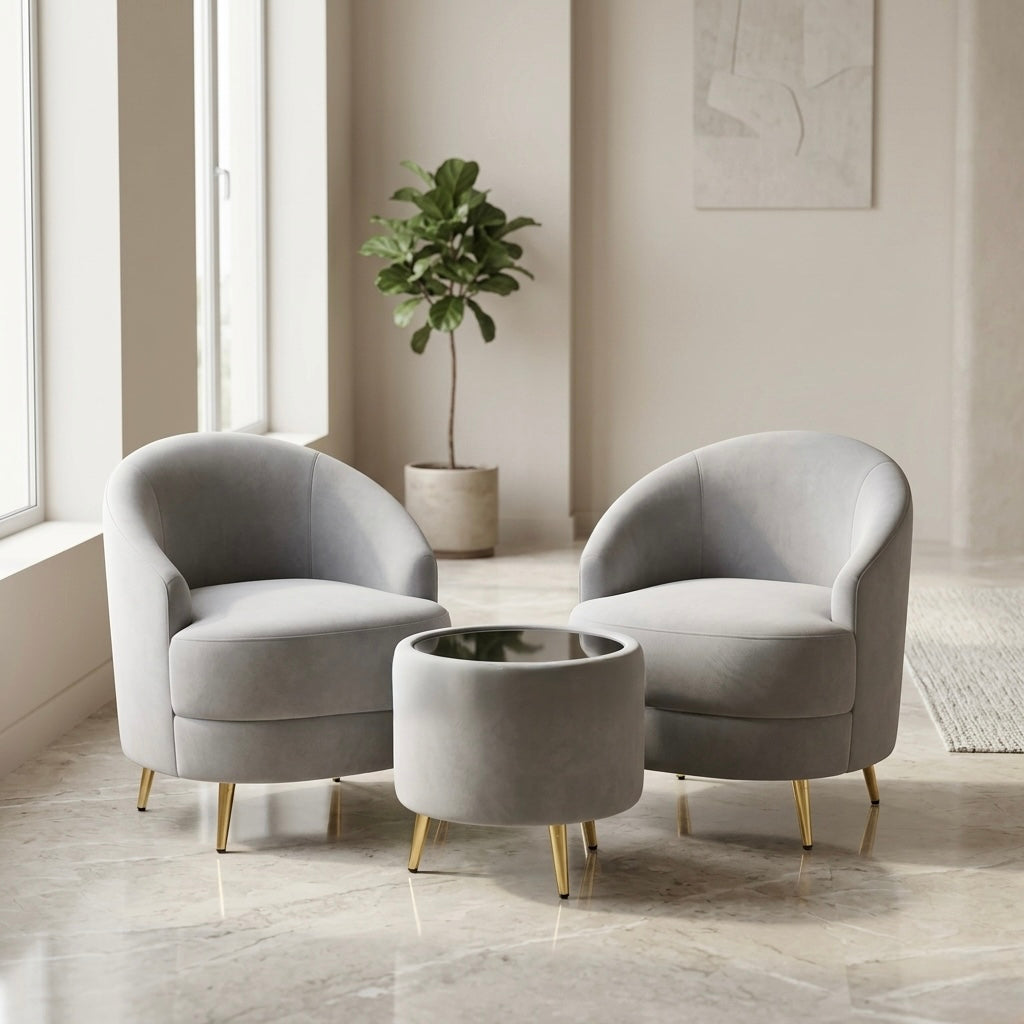 RIO MINIMAL 1+1 ARM CHAIR SET WITH TEAPOY | VELVET FABRIC & ACACIA WOOD | GREY