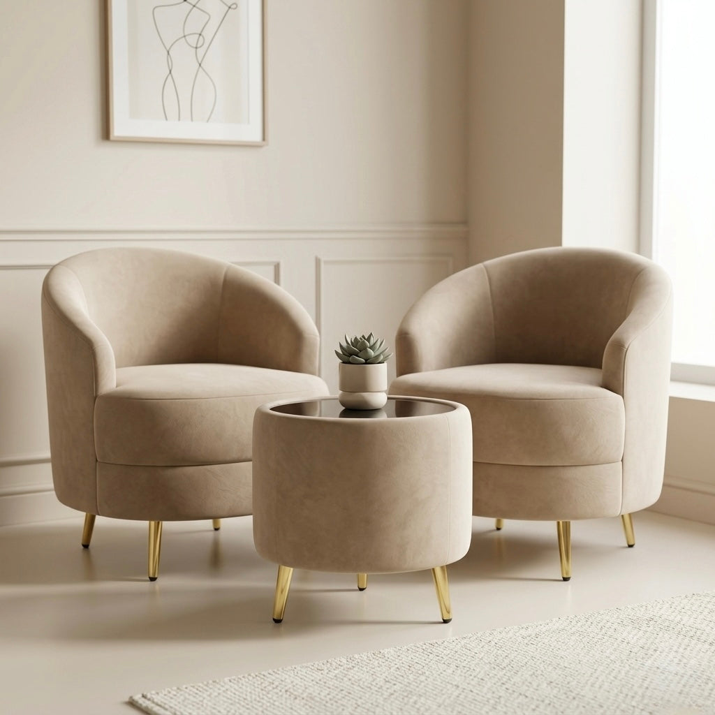 RIO  1+1 WITH TEAPOY  ARM CHAIR  | Velvet Fabric & Acacia Wood Frame | Premium Accent Seating