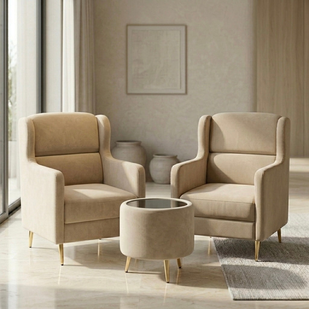 ROYAL PLUS ARM CHAIR SET | 1+1 WITH TEAPOY | ACACIA WOOD & FABRIC | CREAM