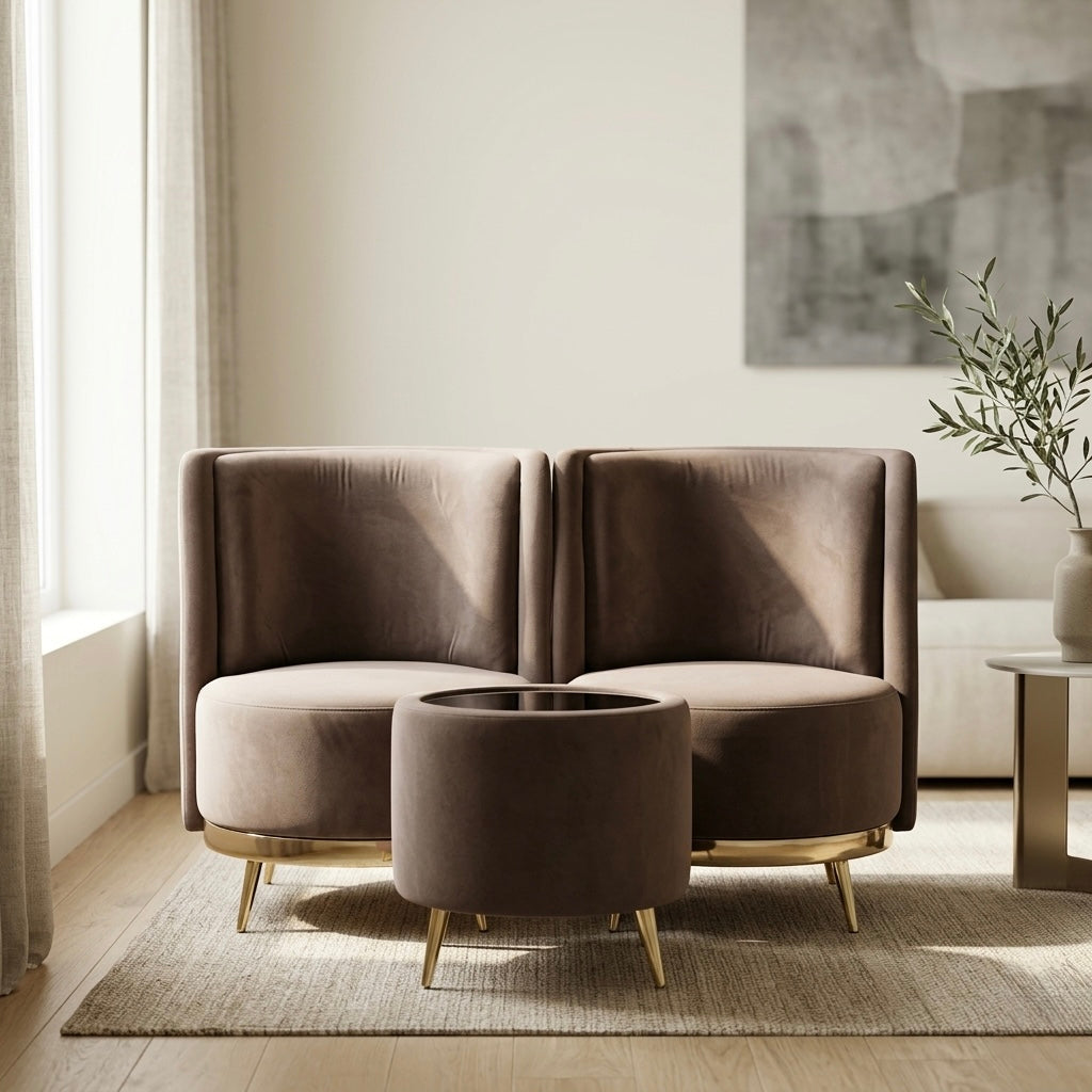 MOCHA 1+1 WITH TEAPOY ARMCHAIR SET-BROWN COLOUR | ACACIA WOOD AND VELVET FRAME