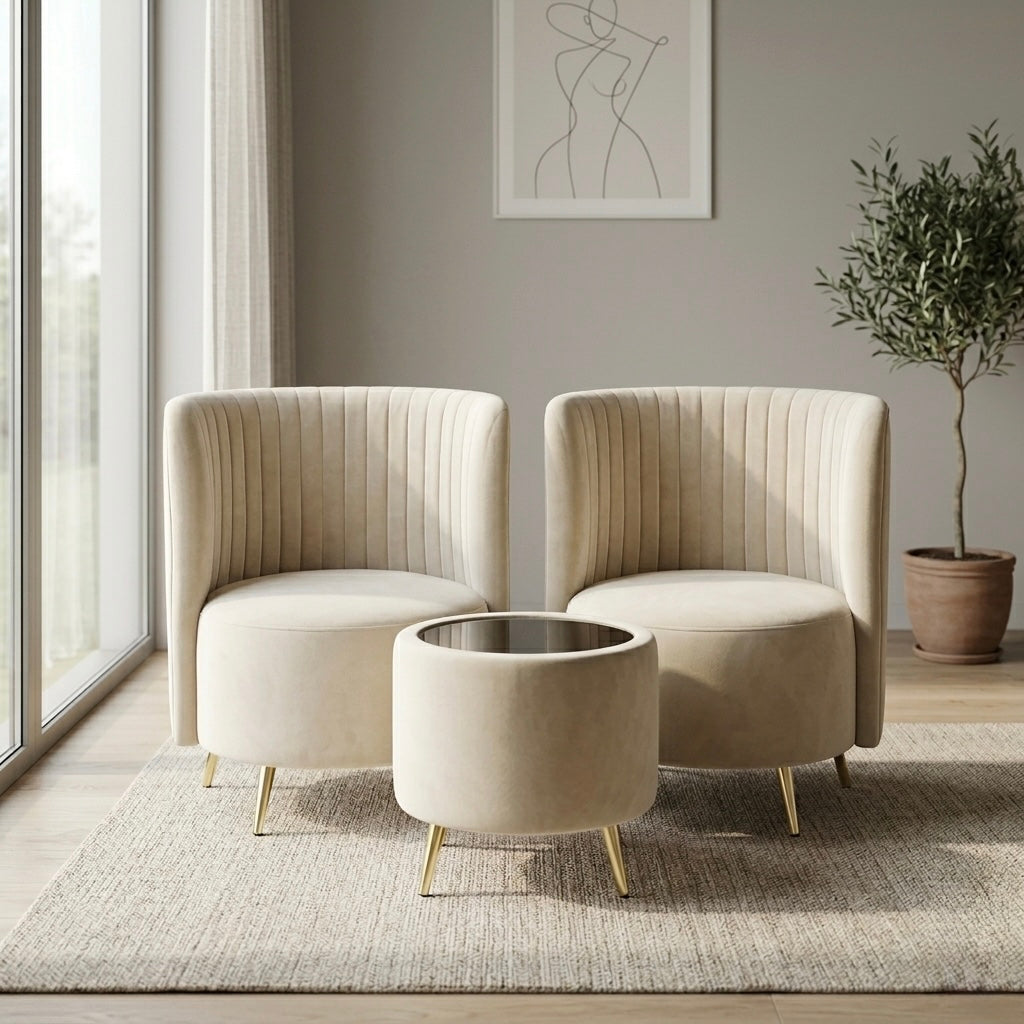 U MODEL 1+1 ARM CHAIR SET WITH TEAPOY | VELVET FABRIC & ACACIA WOOD | BEIGE