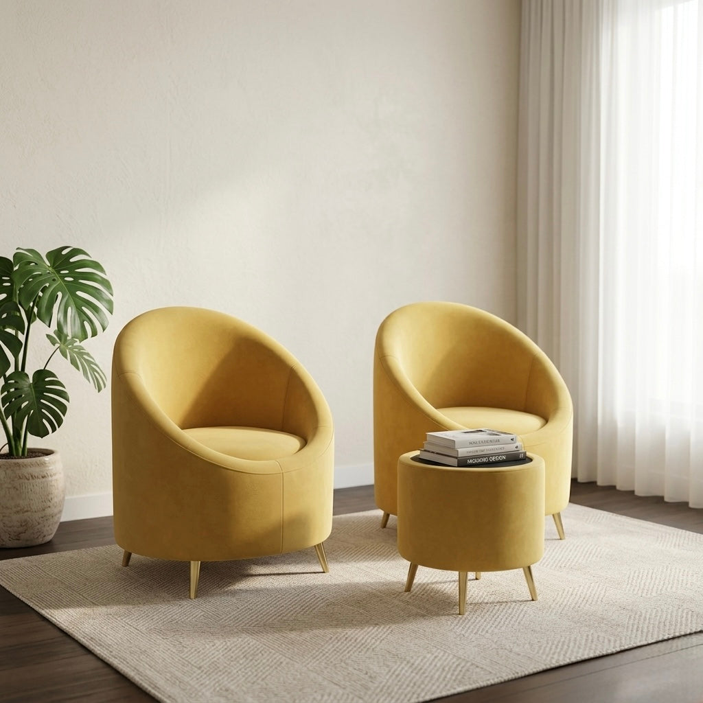 EGG ARM CHAIR SET | VELVET FABRIC & ACACIA WOOD | 1+1 WITH TEAPOY