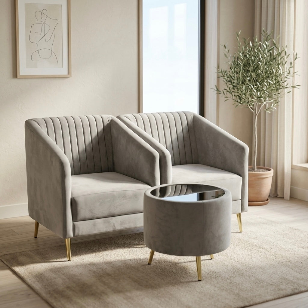 Platinum 1+1 Arm Chair Set with Teapoy | Velvet Fabric & Acacia Wood | Platinum