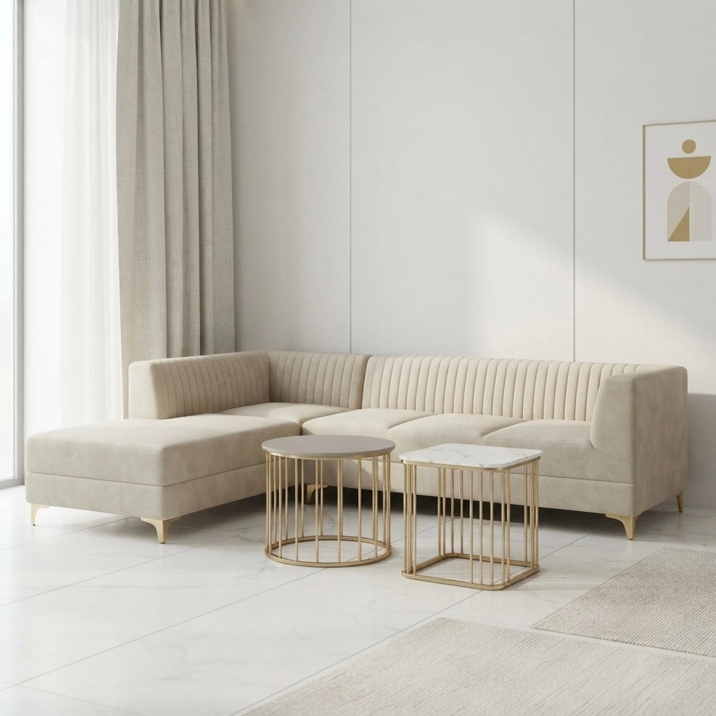 ECLIPSE CORNER SOFA SET | VELVET FABRIC & ACACIA WOOD FRAME | BEIGE