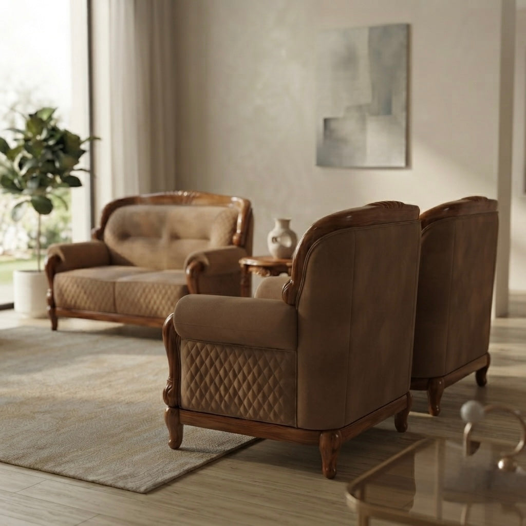 CARVYON 3+1+1 SOFA SET | SUEDE FABRIC & MAHOGANY FRAME | POCKET SPRING | DARK BEIGE
