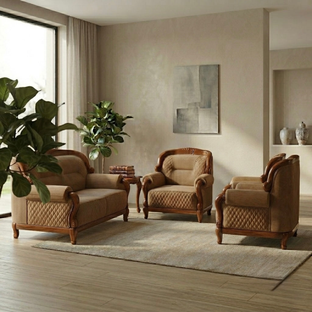 CARVYON 3+1+1 SOFA SET | SUEDE FABRIC & MAHOGANY FRAME | POCKET SPRING | DARK BEIGE