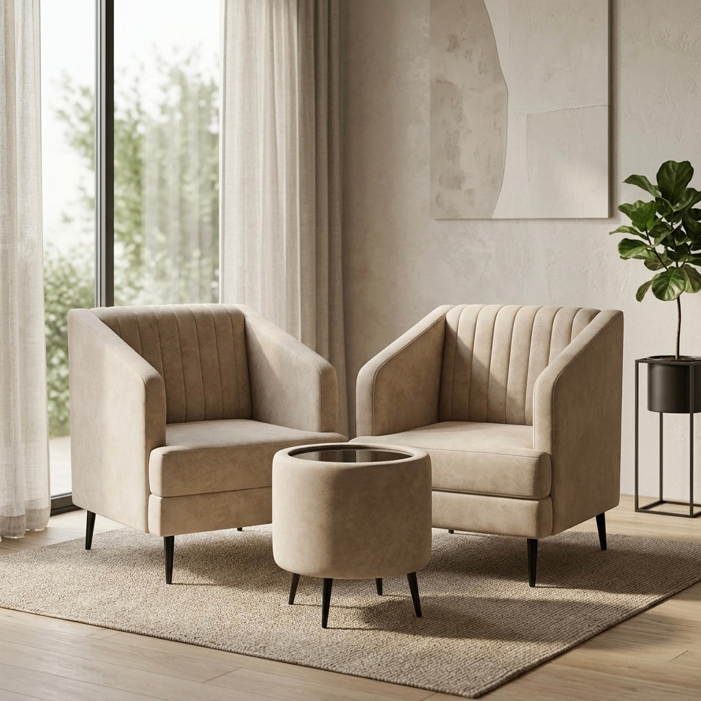 MINIMAL LUXE 1+1 ARM CHAIR SET WITH TEAPOY | SUEDE FABRIC & ACACIA WOOD | BEIGE