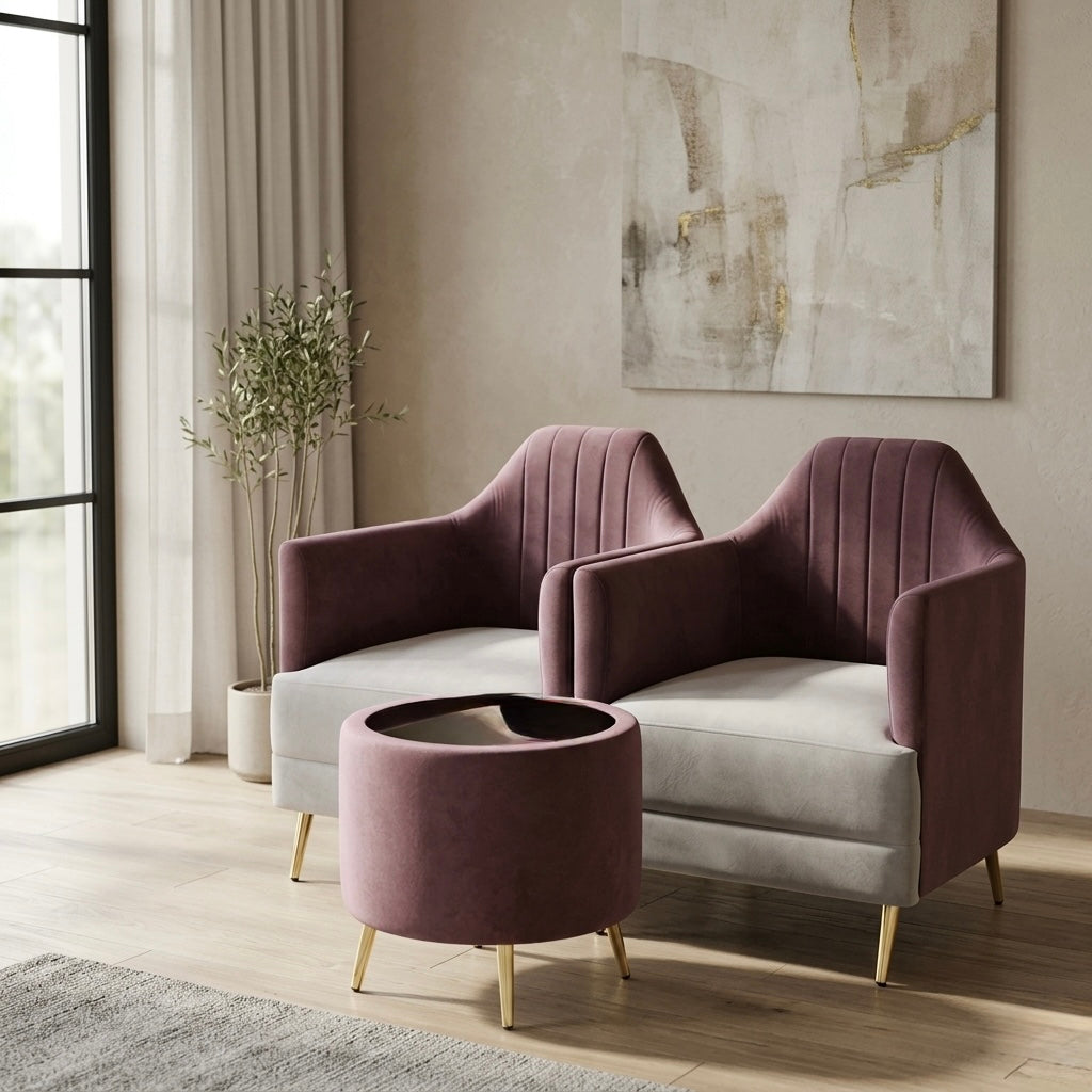 Blush 1+1 Arm Chair Set with Teapoy | Velvet Fabric & Acacia Wood | Blush