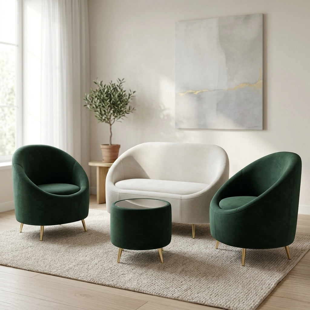 JADE LUXE 3+1+1 WITH TEAPOY| GREEN AND WHITE COLOUR-ACACIA WOOD WITH VELVET FABRIC