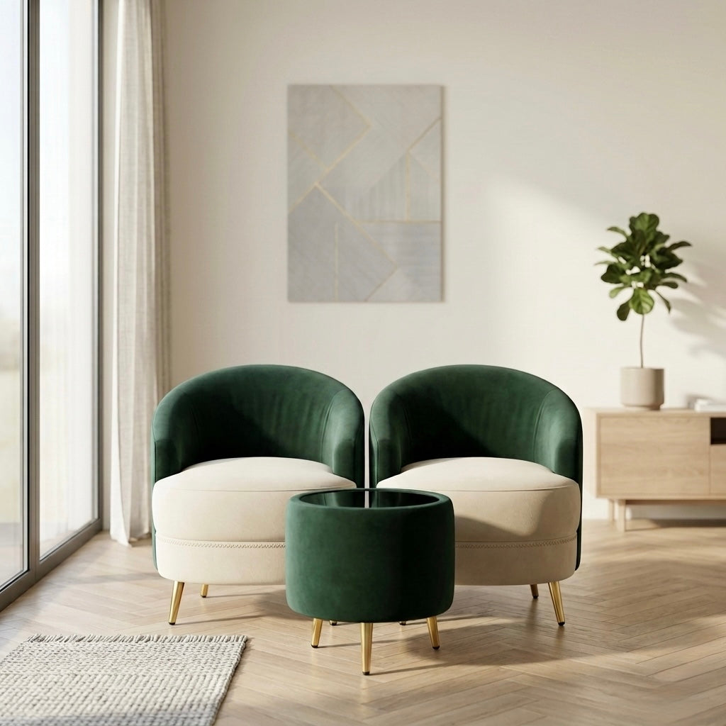 RIO DUAL 1+1 WITH TEAPOY ARM CHAIR SET| COLOUR GREEN AND WHITE VELVET FABRIC WITH ACACIA WOOD -