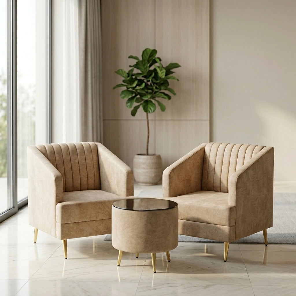MINIMAL ARM CHAIR SET | 1+1 WITH TEAPOY | ACACIA WOOD & SUEDE FABRIC