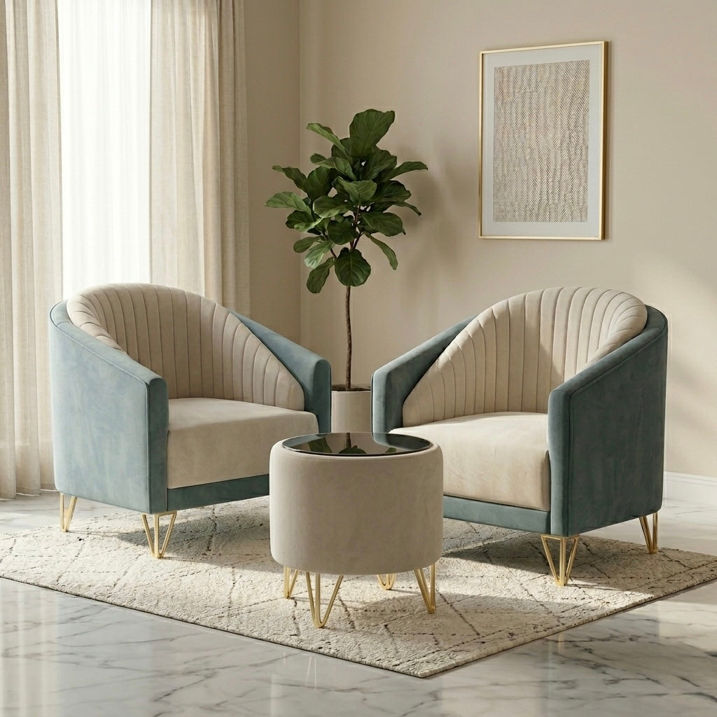DUAL TEMPLATE 1+1 ARM CHAIR SET WITH TEAPOY | VELVET FABRIC & ACACIA WOOD | WHITE & BLUE