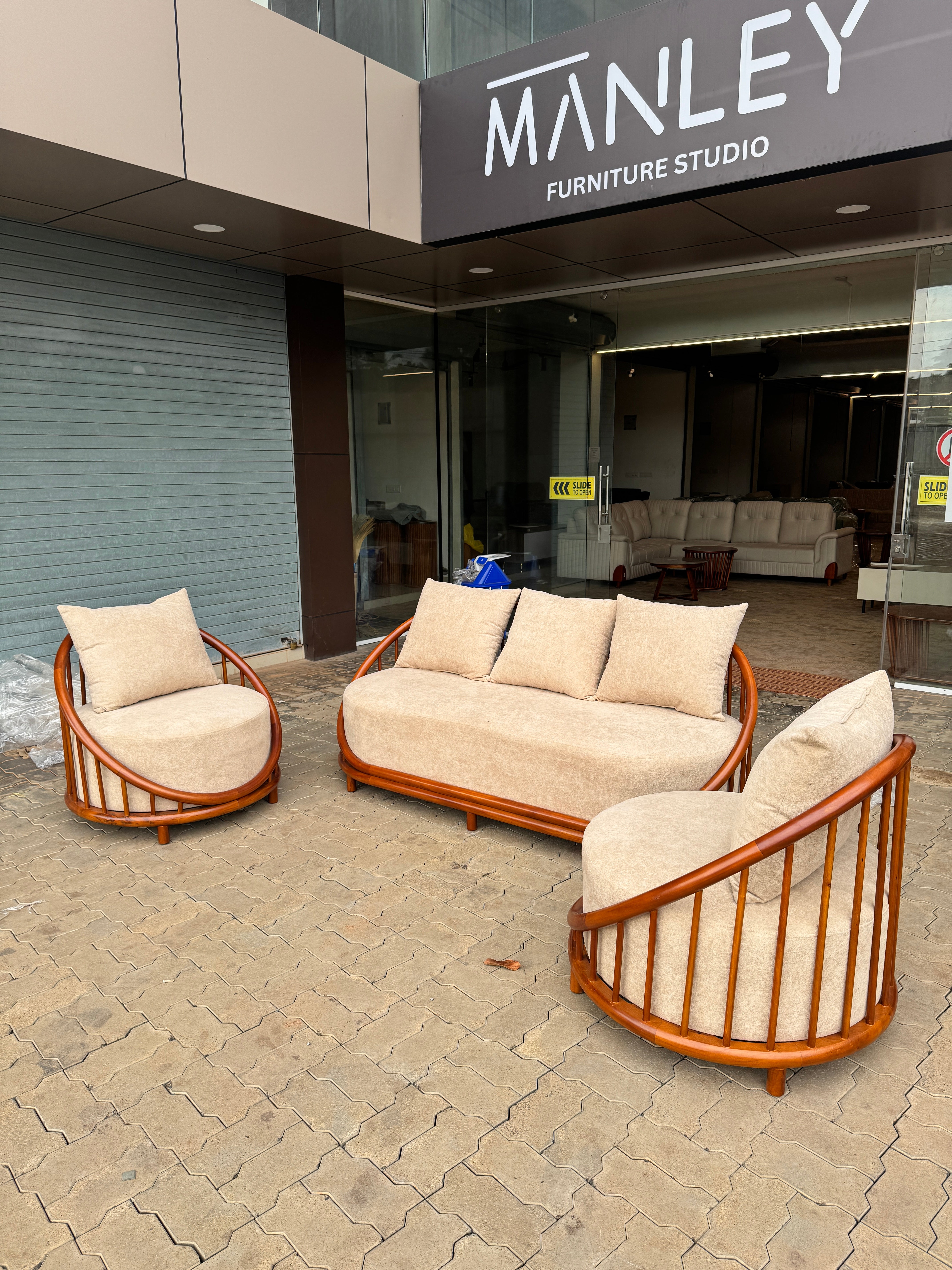 BELLAPOSH 3+1+1 SOFA SET | SUEDE FABRIC & MAHOGANY FRAME | CREAM | POCKET SPRING