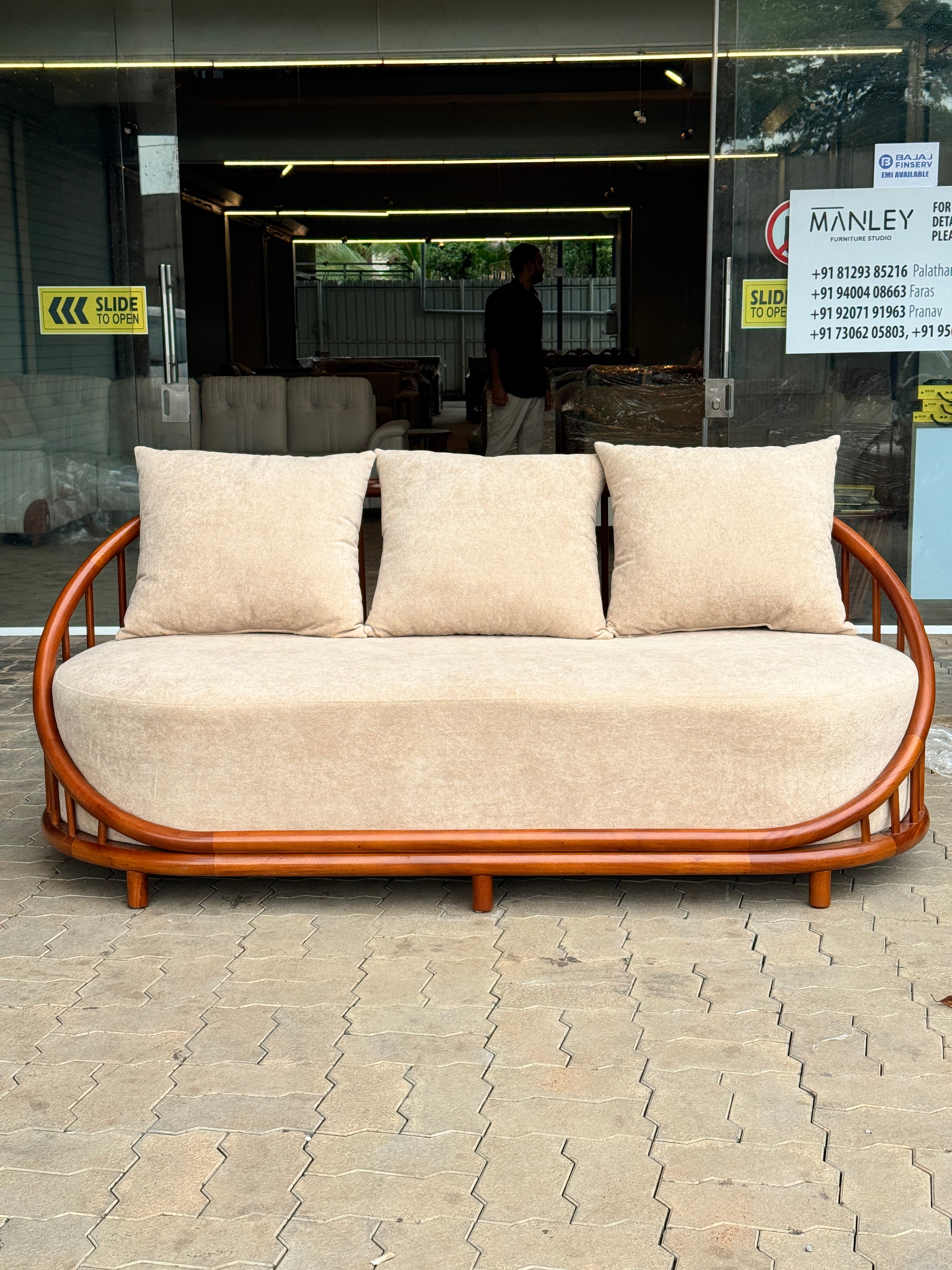 BELLAPOSH 3+1+1 SOFA SET | SUEDE FABRIC & MAHOGANY FRAME | CREAM | POCKET SPRING
