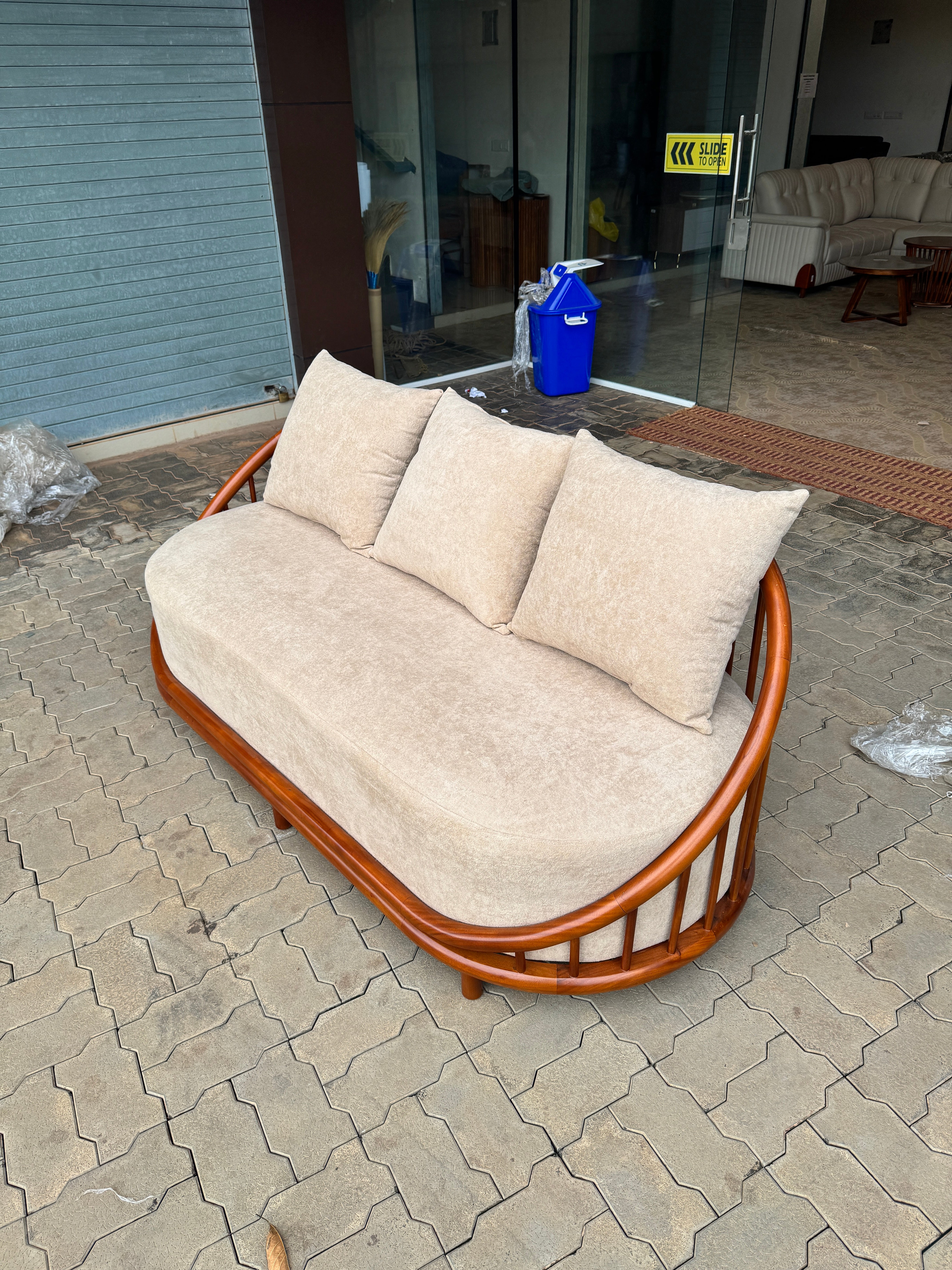 BELLAPOSH 3+1+1 SOFA SET | SUEDE FABRIC & MAHOGANY FRAME | CREAM | POCKET SPRING