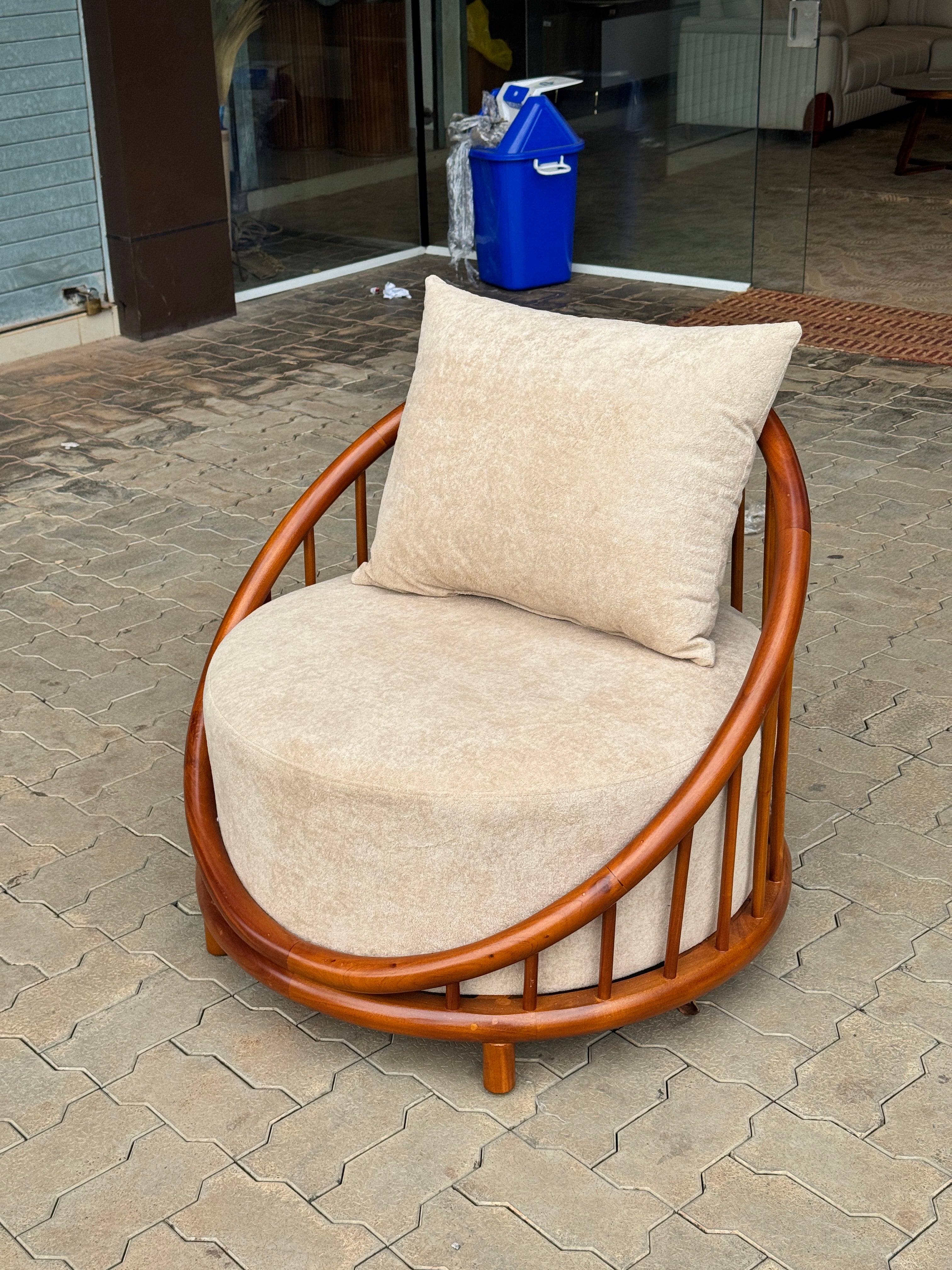 BELLAPOSH 3+1+1 SOFA SET | SUEDE FABRIC & MAHOGANY FRAME | CREAM | POCKET SPRING