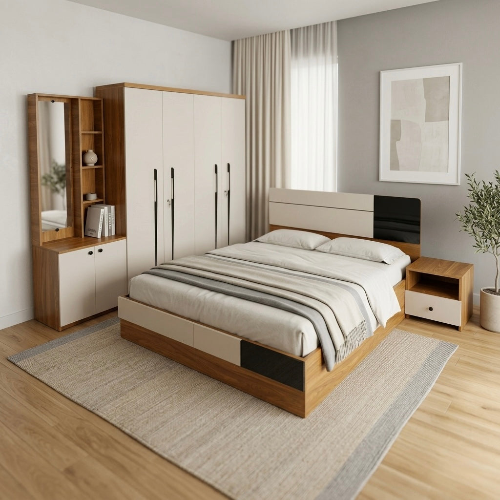 WALT 4 DOOR QUEEN SIZE BEDROOMSET -COLOUR BEIGE AND BLACK WITH WOOD COLOUR-PARTICLE BOARD