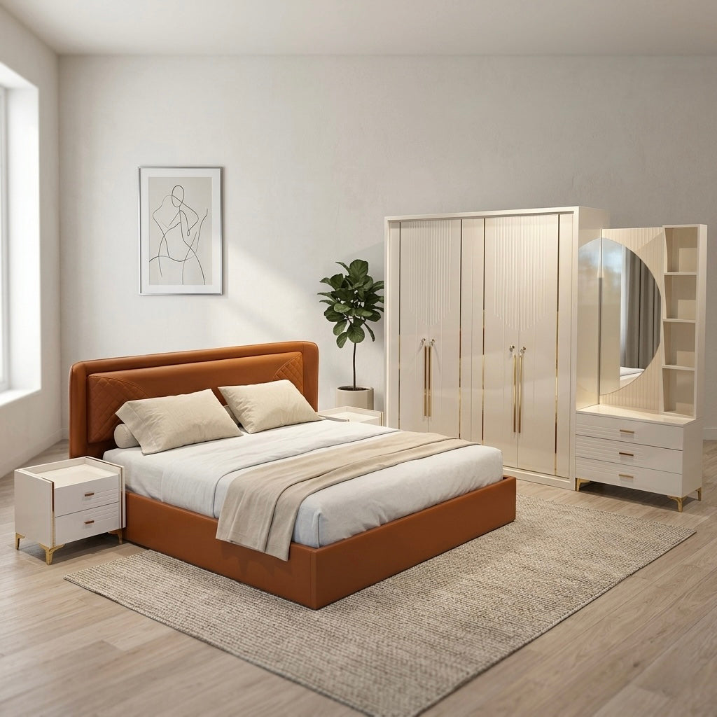 AESTHETIC 4 DOOR KING SIZE BEDROOMSET  | Premium HDF & Cushion Cot | Ivory & Brown