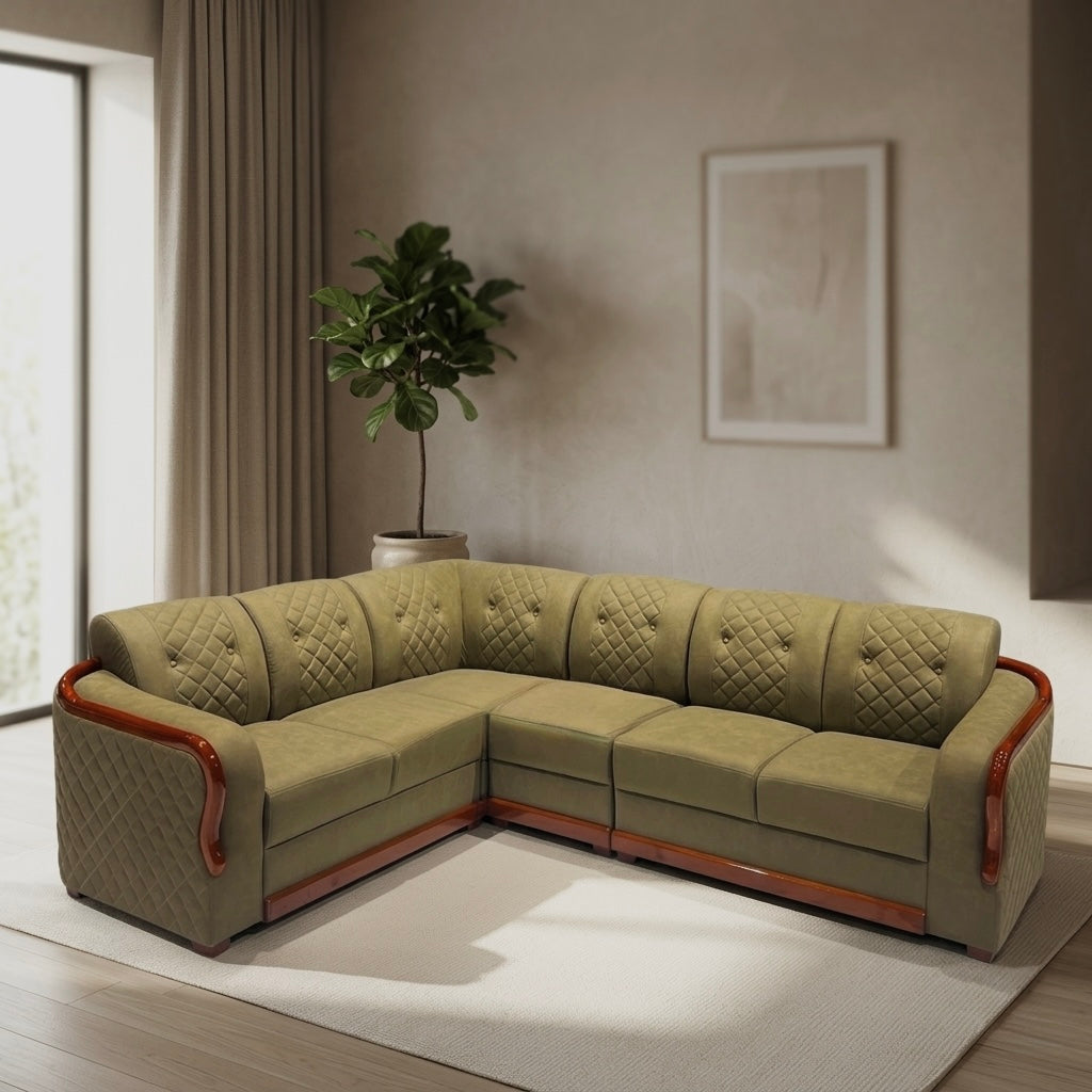 PIPING CORNER SOFA SET | SUEDE FABRIC & MAHOGANY FRAME | POCKET SPRING | MINT GREEN