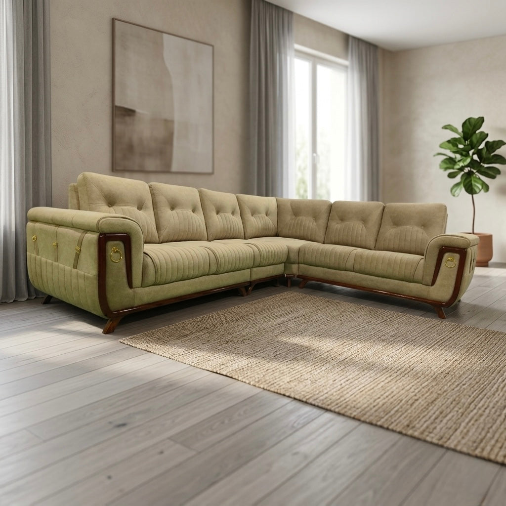 RING CORNER SOFA SET | SUEDE FABRIC & MAHOGANY FRAME | CREAM