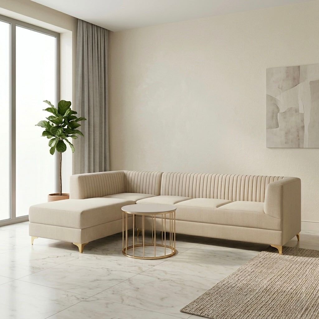 ECLIPSE CORNER SOFA SET | VELVET FABRIC & ACACIA WOOD FRAME | BEIGE