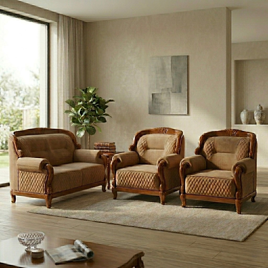 CARVYON 3+1+1 SOFA SET | SUEDE FABRIC & MAHOGANY FRAME | POCKET SPRING | DARK BEIGE