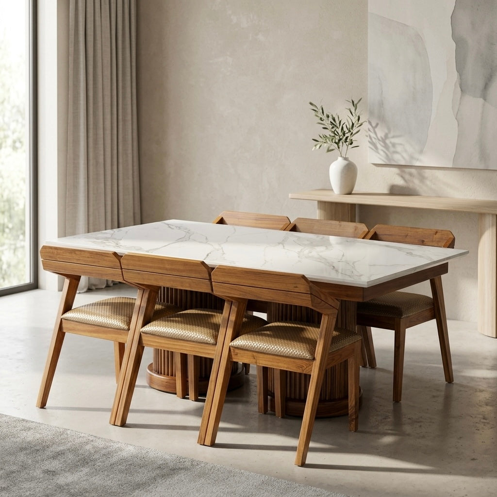 DOOBLE 6-SEATER DINING SET | ACACIA WOOD & CERAMIC TOP | WHITE | 6×3.5 FT