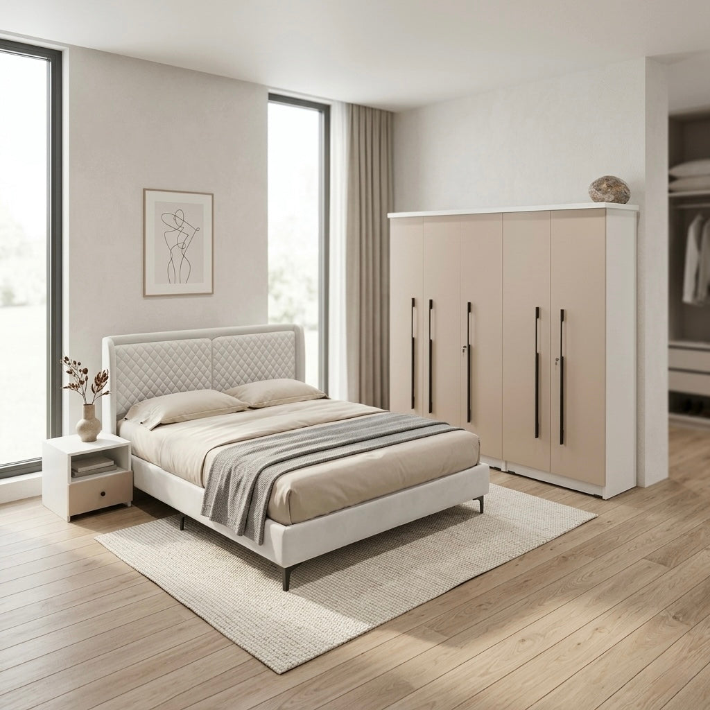 NOBLE 5-DOOR QUEEN SIZE BEDROOM SET | PARTICLE BOARD & FULL CUSHION COT