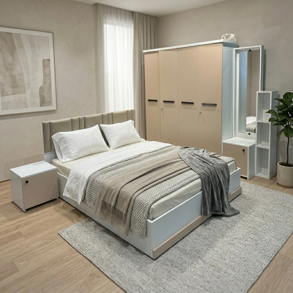 SPYDER 4-DOOR QUEEN SIZE BEDROOM SET | PARTICLE BOARD | BEIGE & WHITE
