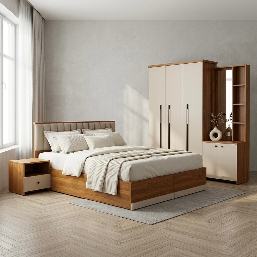 WALT PRO 3-DOOR QUEEN SIZE BEDROOM SET | PARTICLE BOARD | CREAM