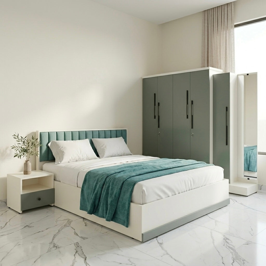 GREEK 4-DOOR QUEEN SIZE BEDROOM SET | PARTICLE BOARD | OLIVE GREEN & WHITE