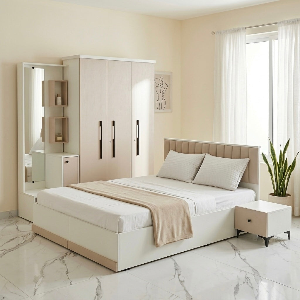 MAKWA 3-DOOR QUEEN SIZE BEDROOM SET | PARTICLE BOARD | PINK & WHITE