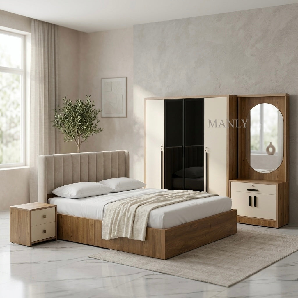 MUSK 4-DOOR QUEEN SIZE BEDROOM SET | PARTICLE BOARD & UV BOARD DOORS | CREAM