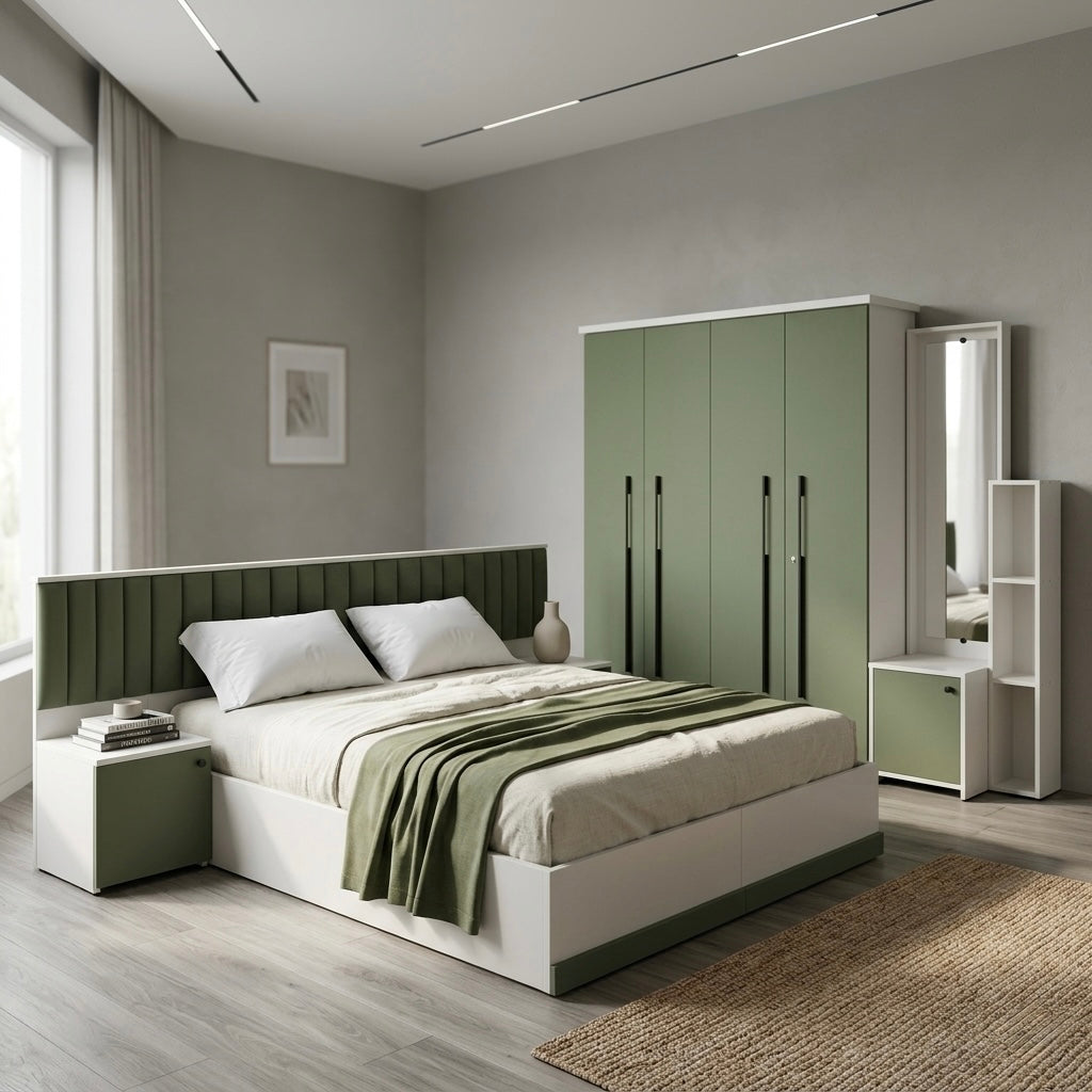 BRABUS 4-DOOR QUEEN SIZE BEDROOM SET | PARTICLE BOARD | OLIVE GREEN & WHITE