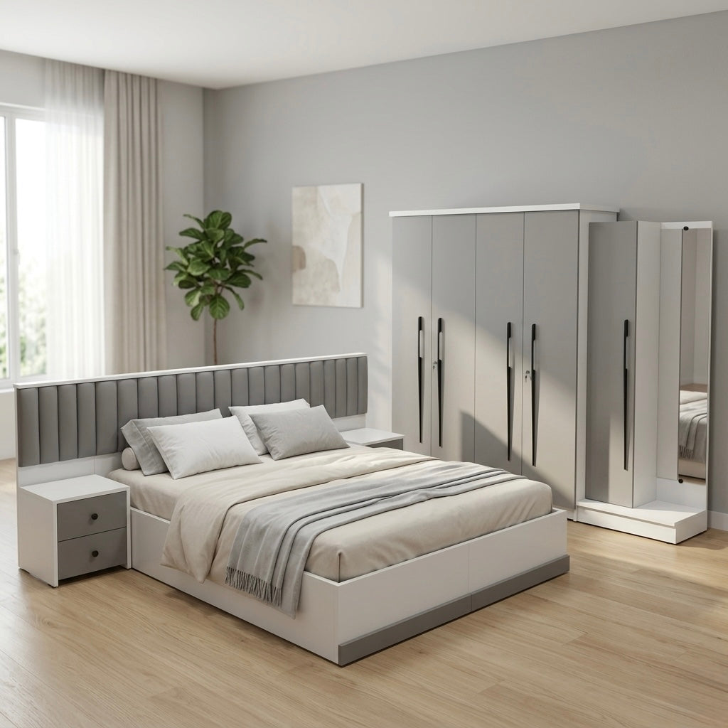 BRABUS GREY 4-DOOR QUEEN SIZE BEDROOM SET | PARTICLE BOARD | GREY & WHITE