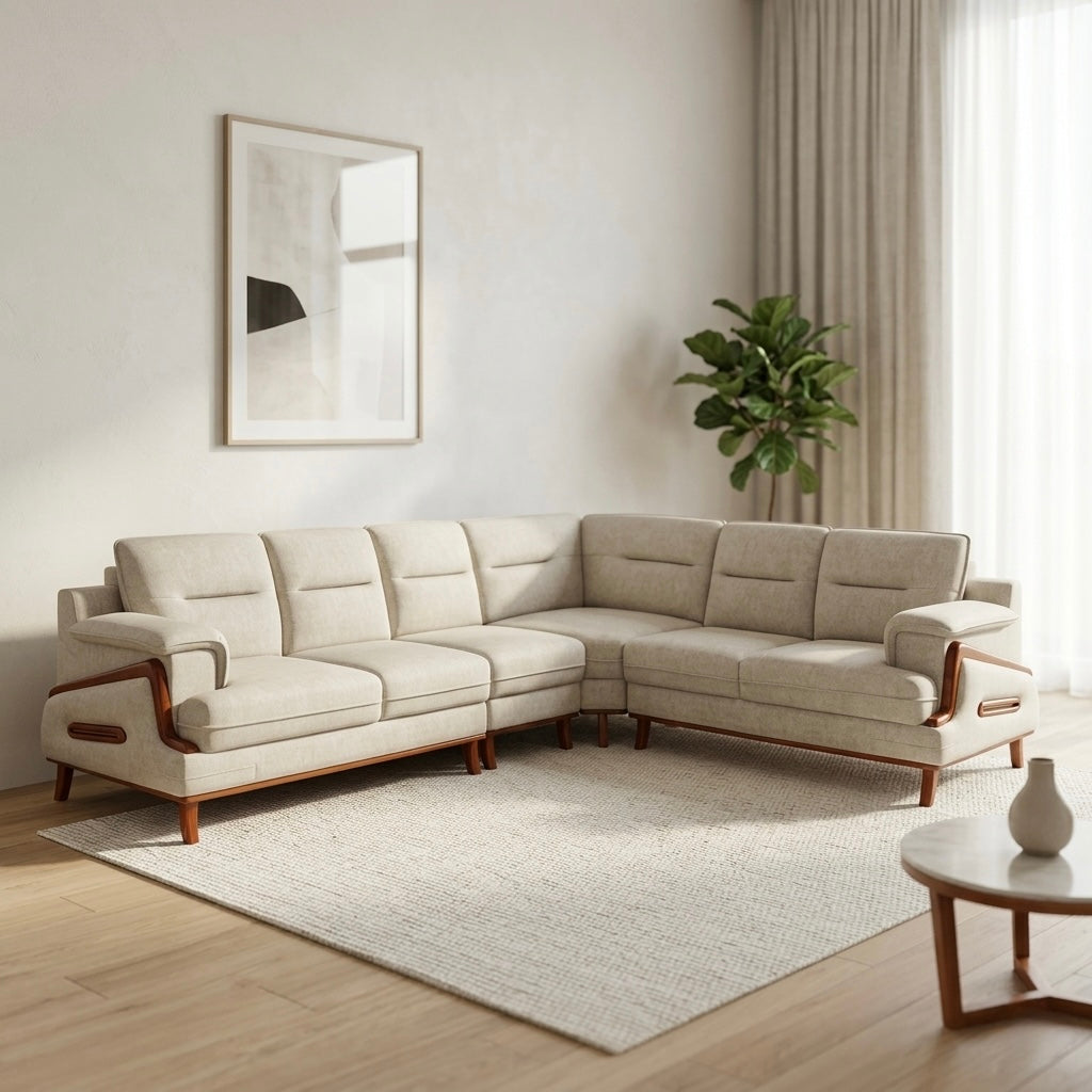 BARFI CORNER SOFA SET | SUEDE FABRIC & MAHOGANY FRAME | OFF WHITE