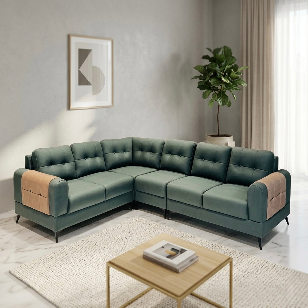 DUAL COLOUR CORNER SOFA SET | SUEDE FABRIC & MAHOGANY FRAME | DARK GREEN