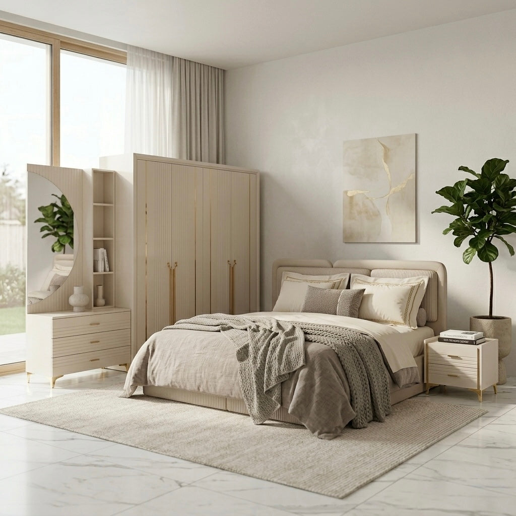 VANITY 4-DOOR KING SIZE BEDROOM SET | HDF & UV BOARD | IVORY