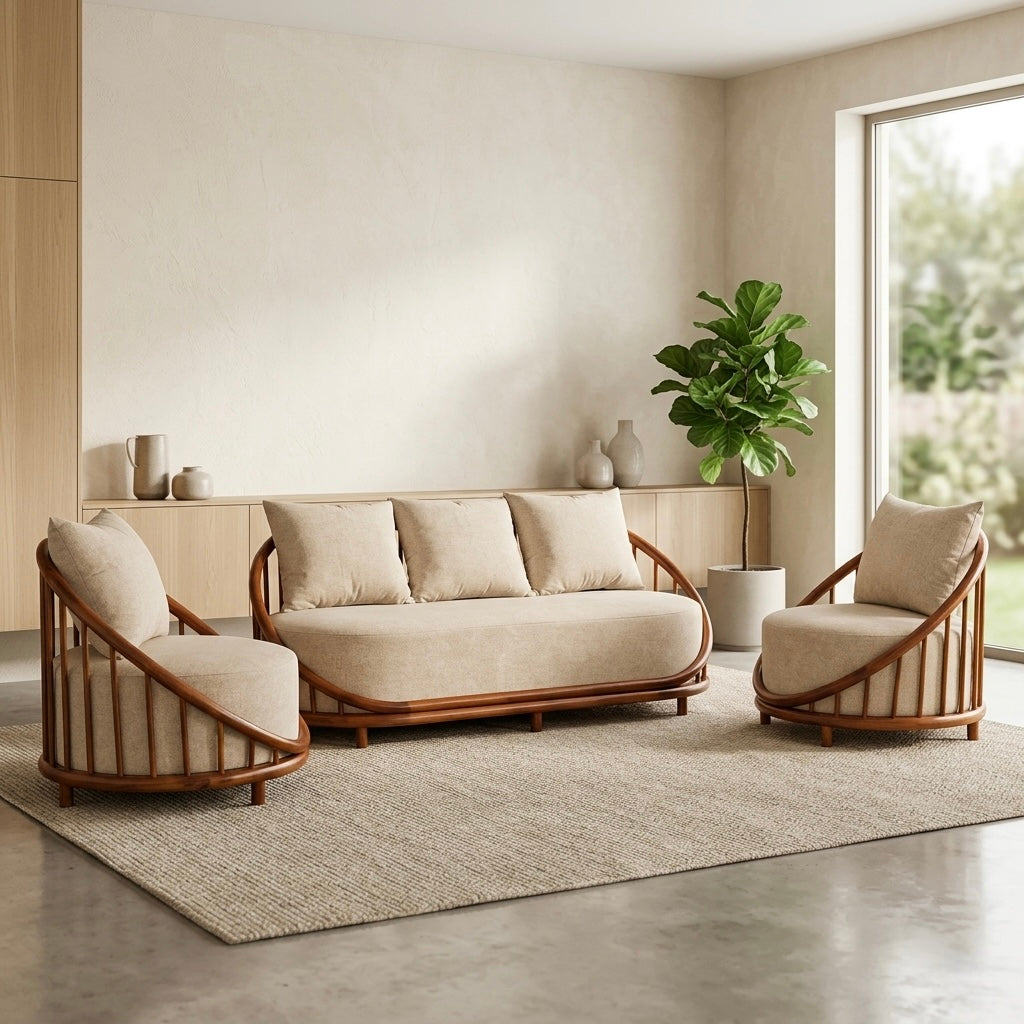 BELLAPOSH 3+1+1 SOFA SET | SUEDE FABRIC & MAHOGANY FRAME | CREAM | POCKET SPRING