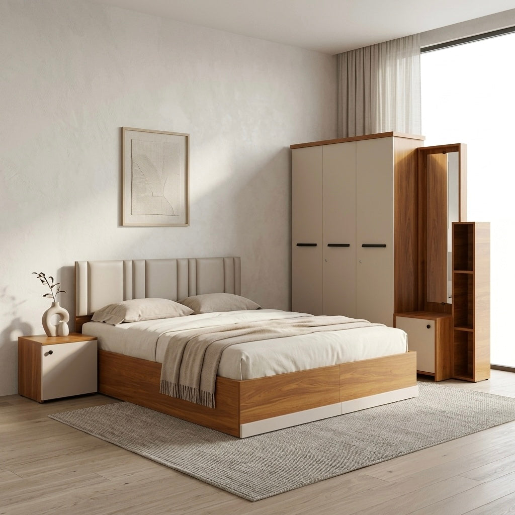 SPYDER 3 DOOR  QUEEN SIZE BEDROOMSET-BROWN AND CREAM COLOUR -PARTICLE BOARD