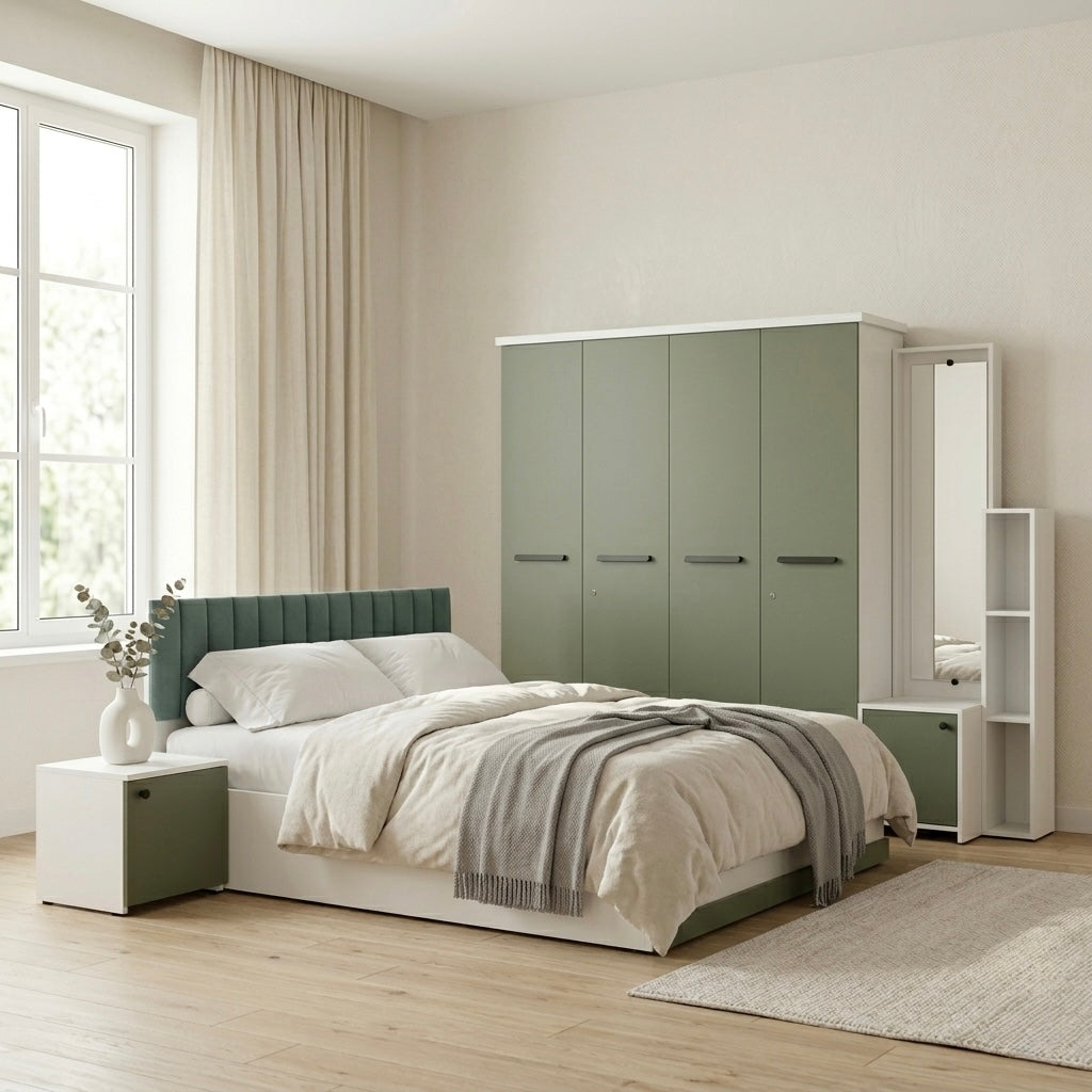 SPYDER PREMIUM 4-DOOR QUEEN SIZE BEDROOM SET | PARTICLE BOARD | OLIVE GREEN & WHITE