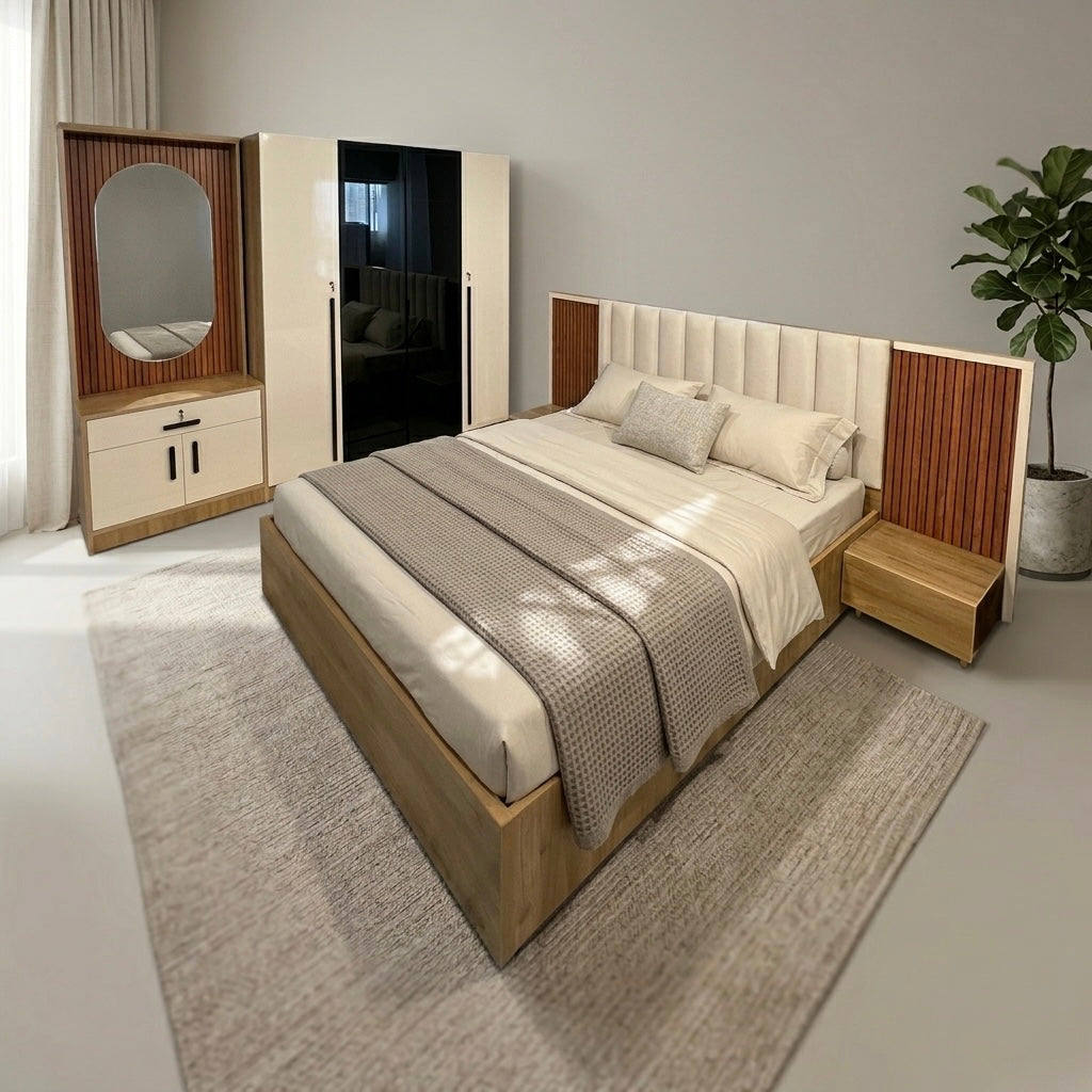 WHITEN NEW 4-DOOR QUEEN SIZE BEDROOM SET | PARTICLE BOARD & UV BOARD | GLASS DOORS | WHITE