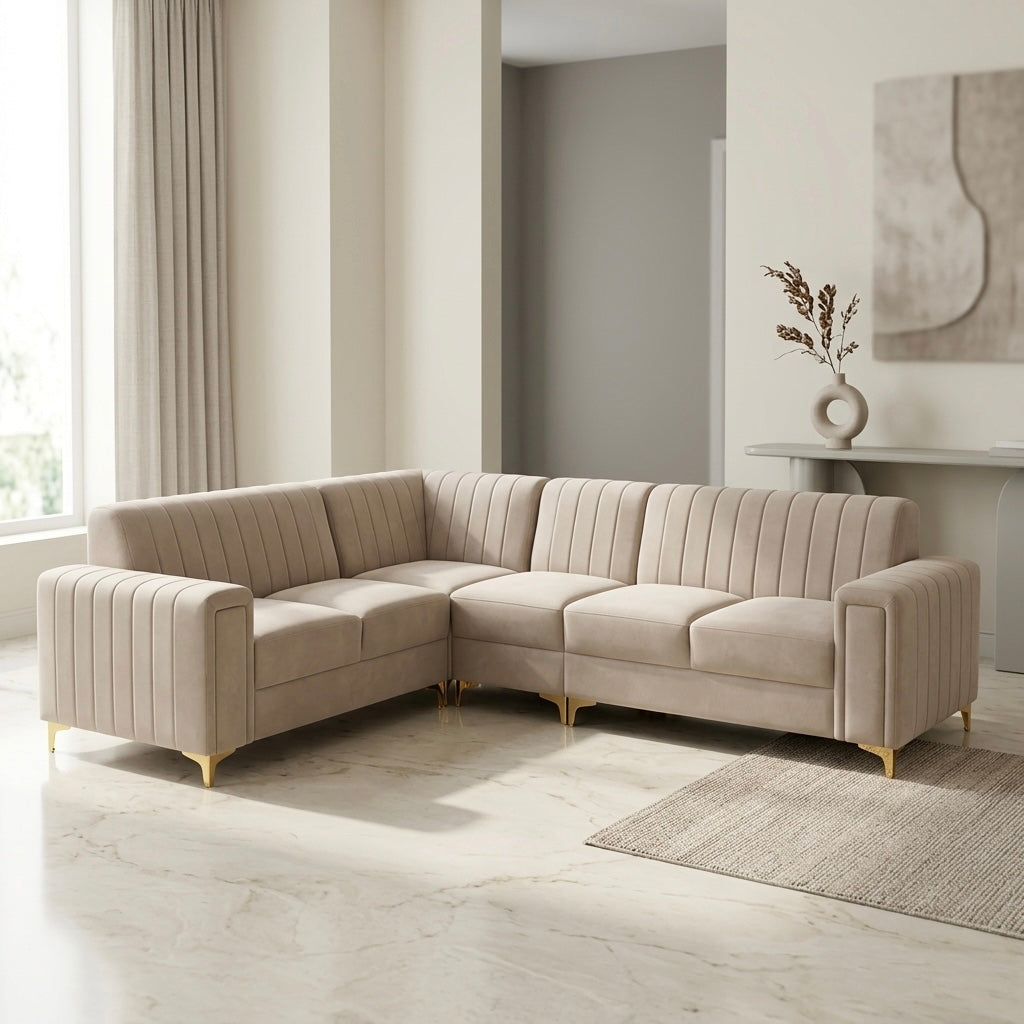 BOXER GOLDEN CORNER SOFA SET | SUEDE FABRIC & ACACIA WOOD | BEIGE