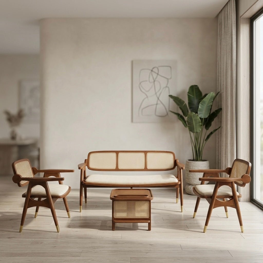 Royal 3+1+1 Sofa Set | Mahogany & Natural Cane | Without Teapoy