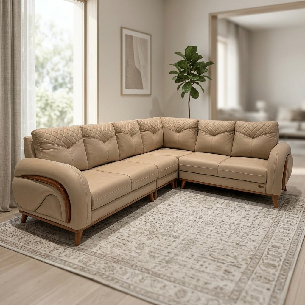 PIXMA CORNER SOFA SET | SUEDE FABRIC & MAHOGANY FRAME | CREAM